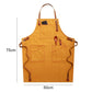 Yellow apron with front pockets and adjustable neck straps, shown with size markings