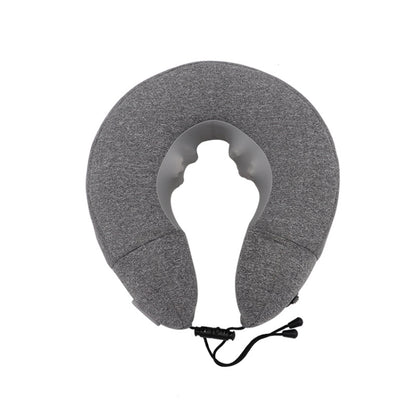 Gray U-shaped inflatable neck massager pillow with adjustable cords and handheld control.