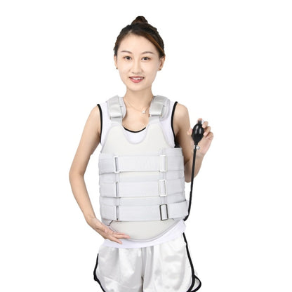White thoracolumbar fixation belt with adjustable straps and buckle closures
