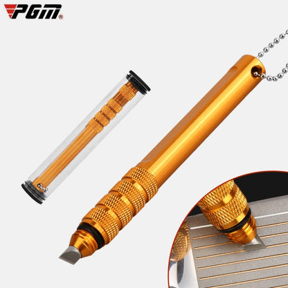 Golf club groove cleaning tool with flat blade, orange handle and silver chain.