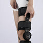 Black hinged knee fixation brace with side support bars and dial mechanism