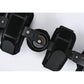Close-up of black knee brace dial, fabric straps, and metal mounting plates