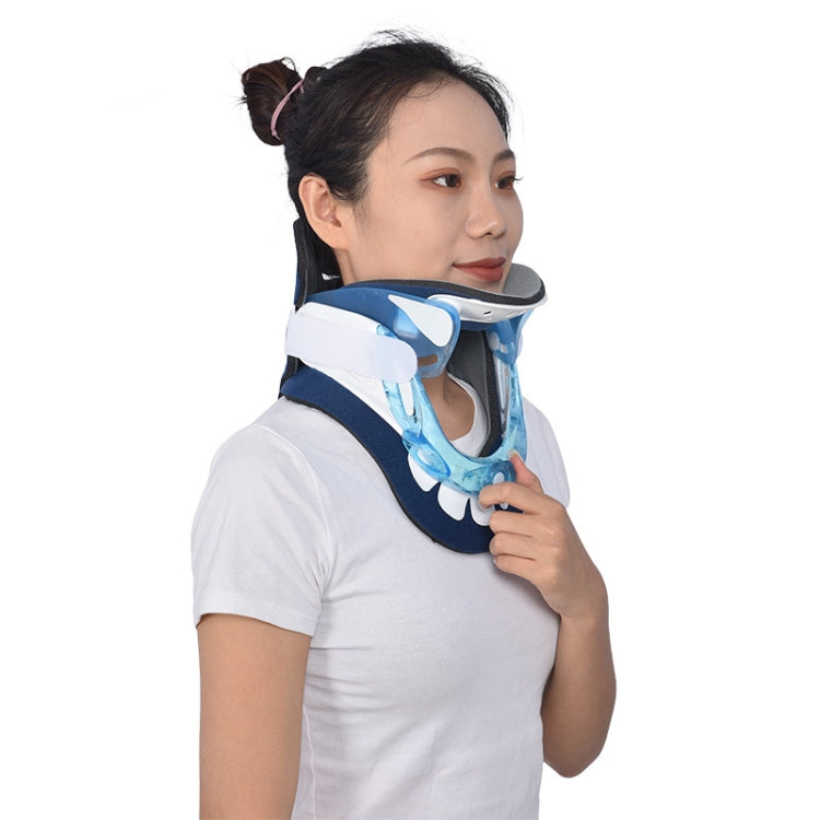 Plastic neck brace with navy and white straps and clear light-blue front support