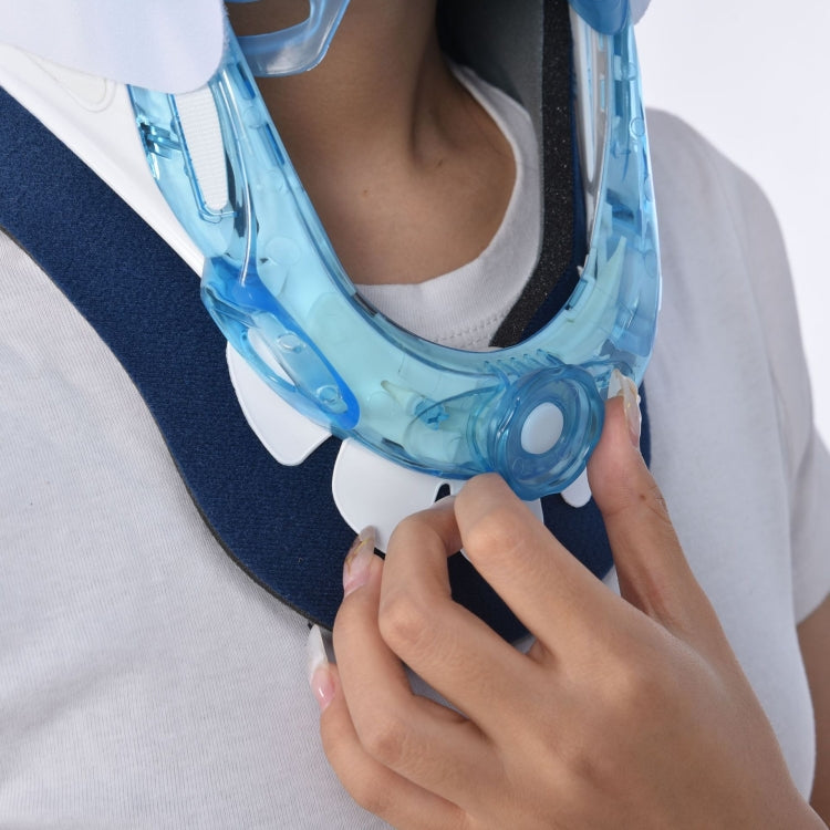 Close-up of clear light-blue plastic neck brace front opening over fabric support