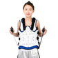 Adjustable thoracolumbar fixation brace with two front straps and white structure with blue trim
