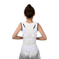 White posture correction back belt with central support panel and shoulder pads, back view