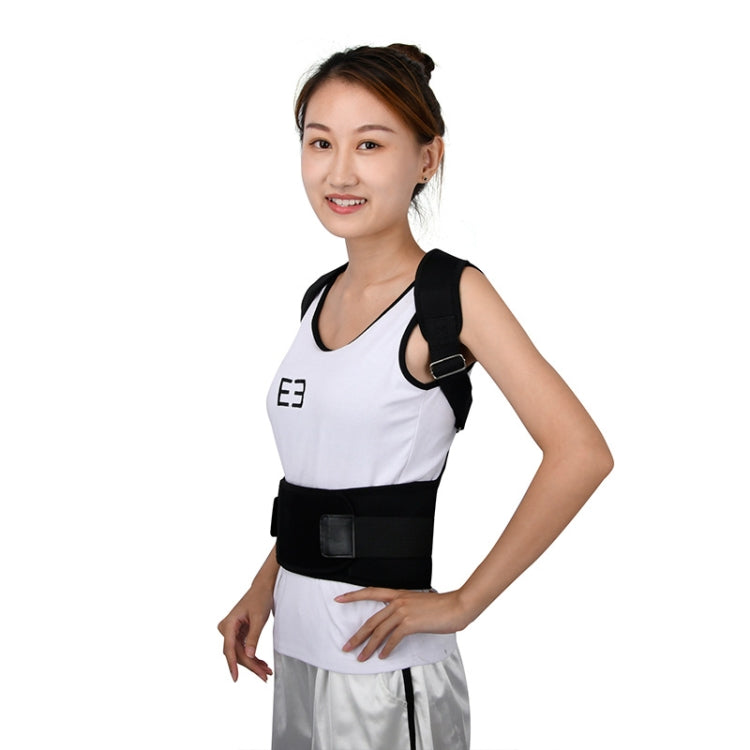White shirt with blue-accent posture correction back brace and padded front strap