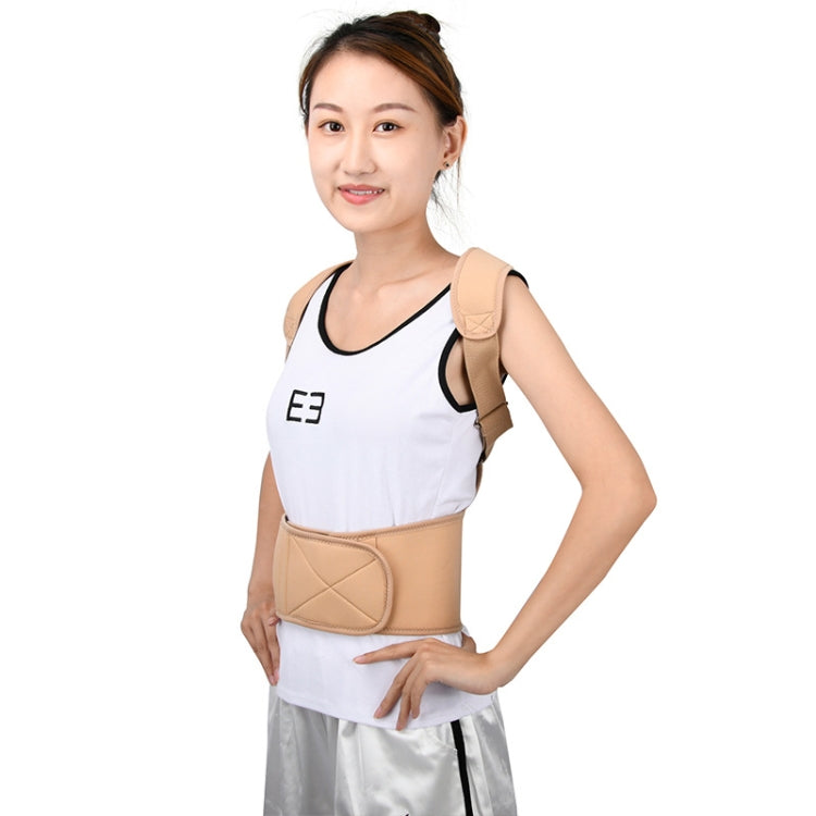 White shirt with tan posture correction back belt and padded front closure with straps
