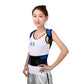 White shirt with blue-and-black posture correction back belt and shoulder straps