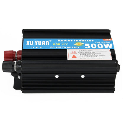 XUYUAN 500W power inverter with blue DC-to-AC label and black ribbed casing