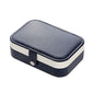Portable jewelry storage box with navy faux-leather lid and snap clasp, cream base