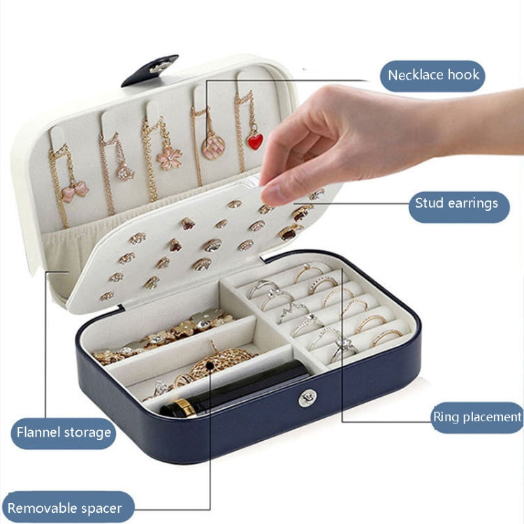 Open double-layer jewelry box with necklace hooks, stud earring slots, and ring sections
