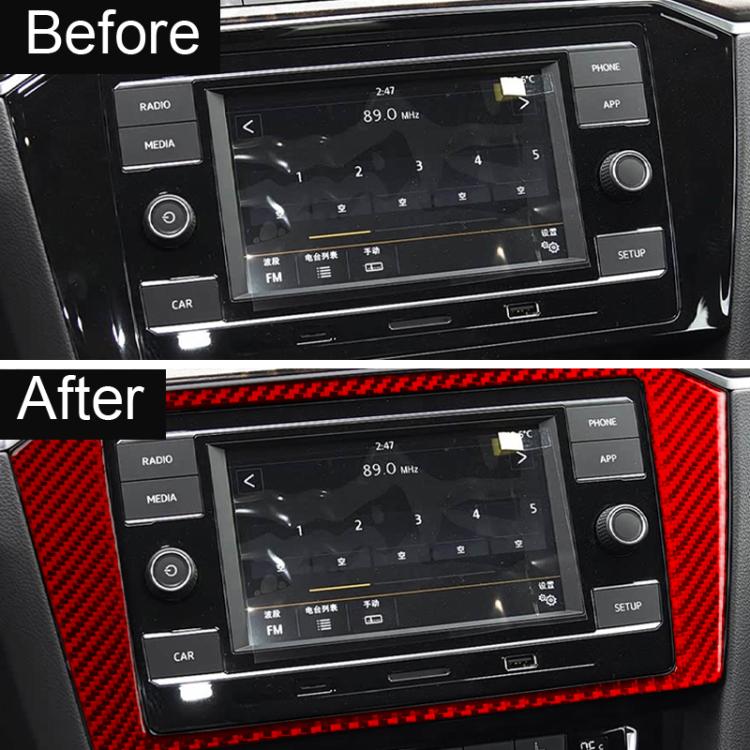Installed navigation frame sticker trim with red carbon-fiber border on car dashboard