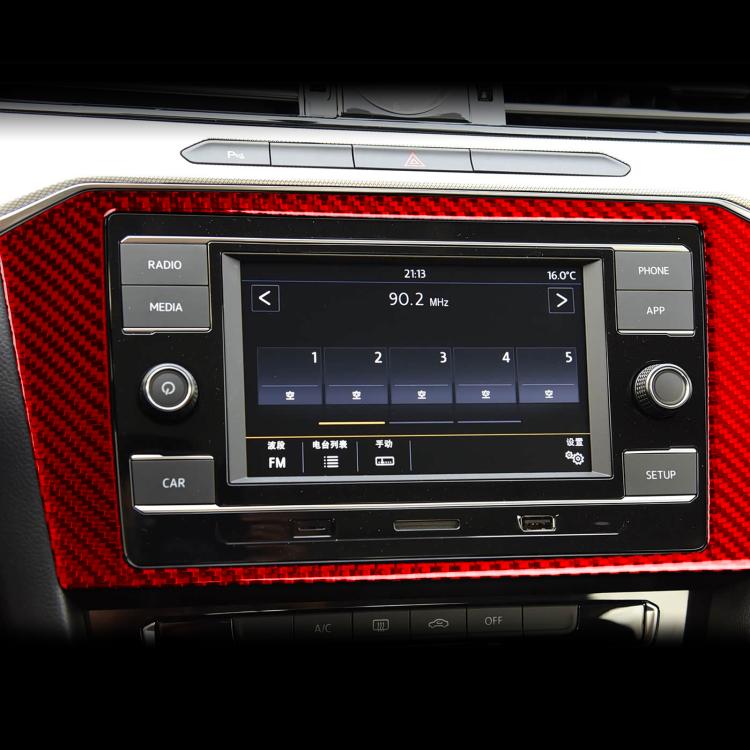 Red carbon-fiber style navigation frame sticker trim installed around infotainment screen