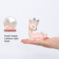 Cartoon deer resin ornaments in pink and blue on a hand, lying figures