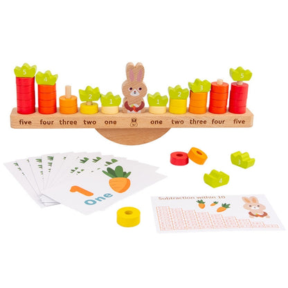 Wooden rabbit balance math toy with numbered blocks and counting cards