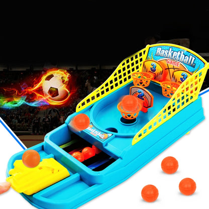 Mini desktop basketball shooting game with blue court, orange hoops, and ejecting balls