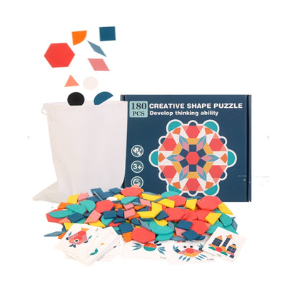 180-piece wooden shape puzzle set with colorful animal cards and flat geometric pieces