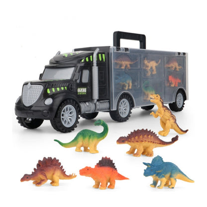 Dinosaur container truck toy with dinosaur figures and open storage panel