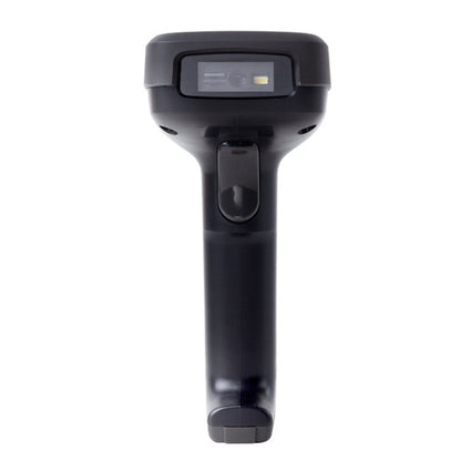 Black handheld 1D barcode scanner with trigger grip and illuminated scan window
