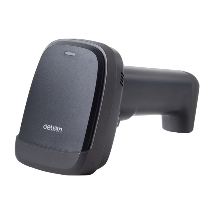 Dark gray handheld 1D barcode scanner, side view with scan window on the head