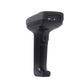 Black handheld 1D barcode scanner from front-left angle, scan window visible