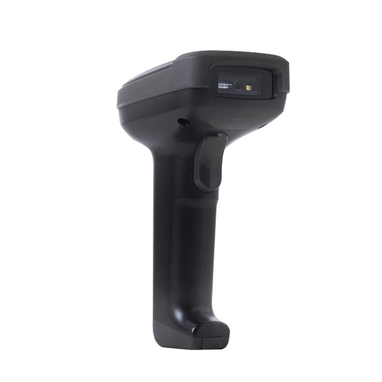 Black handheld 1D barcode scanner from front-left angle, scan window visible