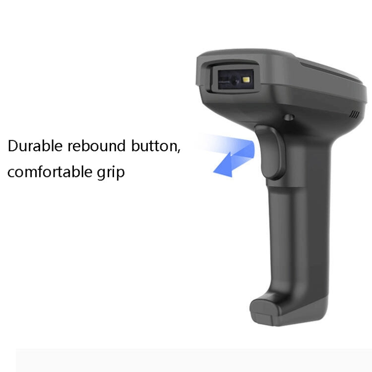 Black handheld 1D barcode scanner shown in front and side size comparison