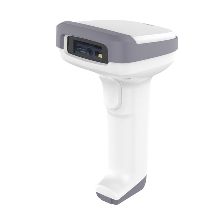 White handheld 1D barcode scanner with gray top and scan window