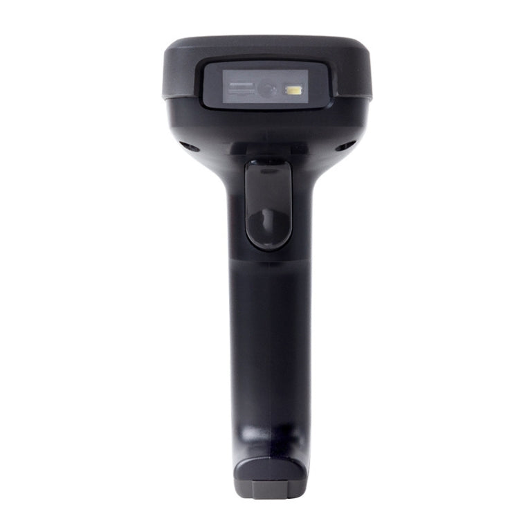 Black handheld 1D barcode scanner front view with scan window and trigger handle