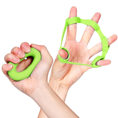 Green silicone grip ring and finger trainer set, held in hands