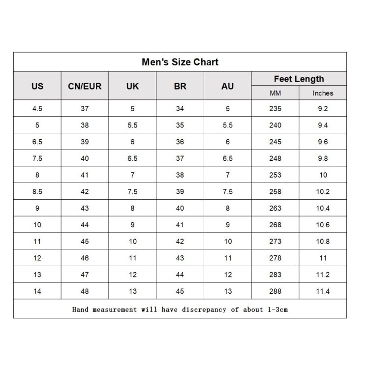 Men’s size chart with US and CN/EUR/UK conversions and foot-length measurements in mm