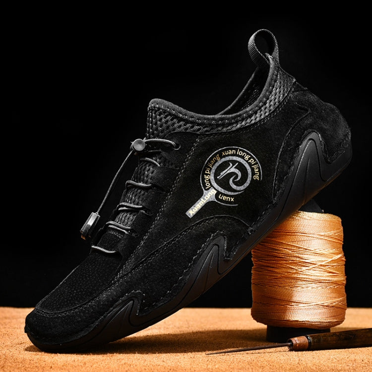 Men's casual suede sneaker, black, lace-up design with side logo detail