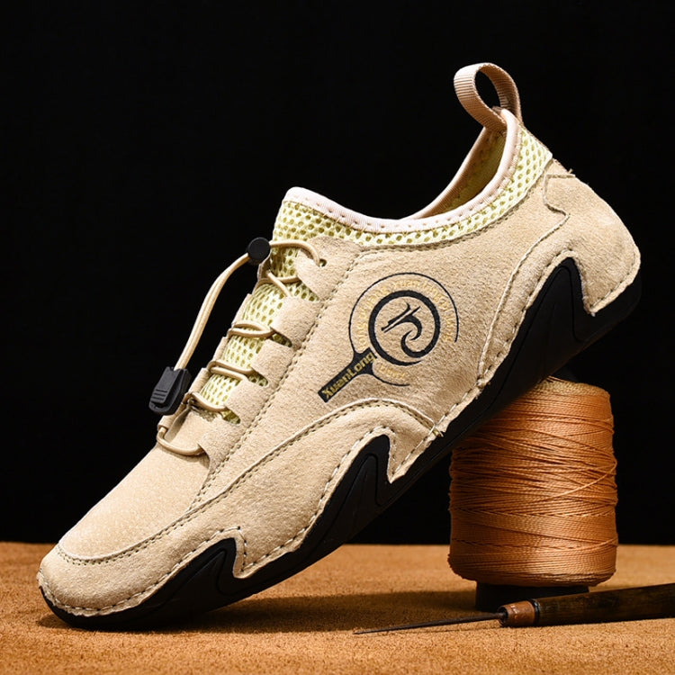 Men's casual suede sneaker, beige, lace-up with textured collar and side logo