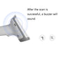 White handheld barcode scanner gun with blue scan beam and trigger