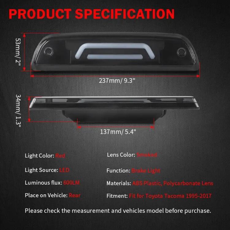 Smoked-lens high-mounted brake light housing with white LED bar and side screws
