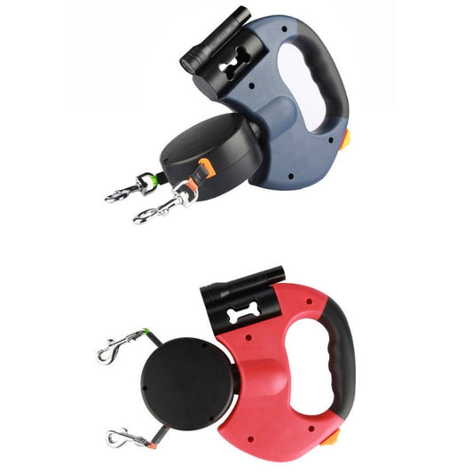 Dog towing tractor in dark blue and red, each with LED flashlight and traction rope