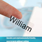 Transparent label sticker with bold printed name, being applied by a finger