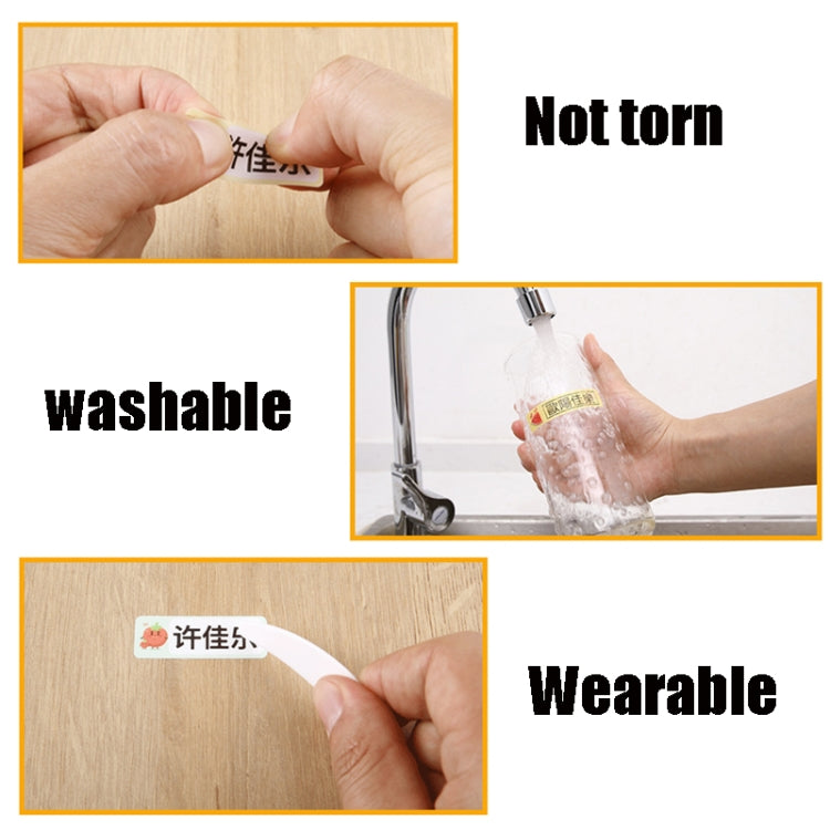 Transparent label sticker set shown with hand application and durability icons