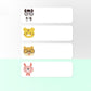 Set of transparent label stickers with cartoon cow, cat, and rabbit faces