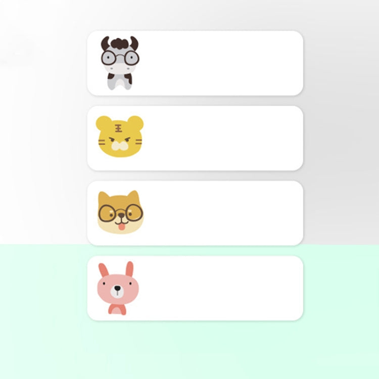 Set of transparent label stickers with cartoon cow, cat, and rabbit faces