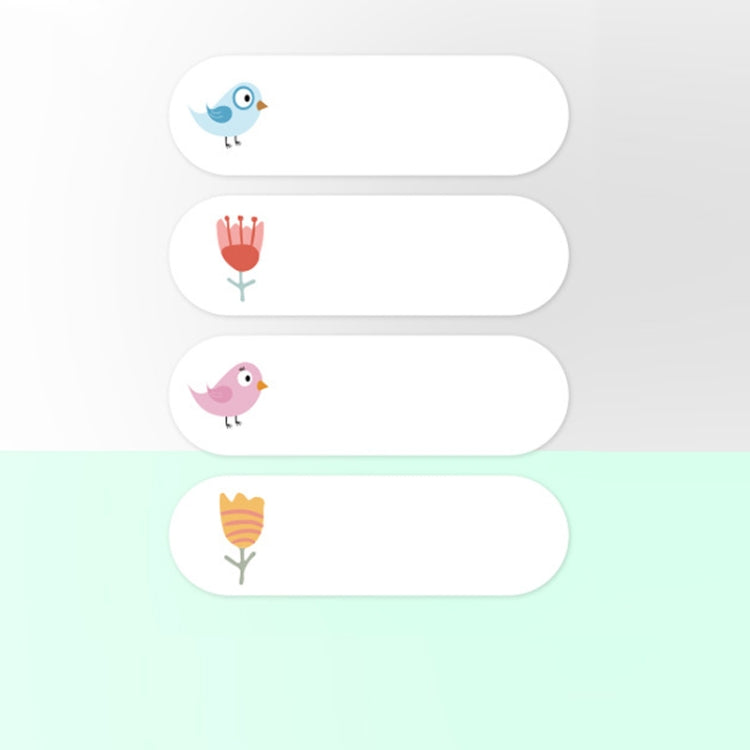 Set of transparent label stickers with cartoon bird, hand, and fish icons
