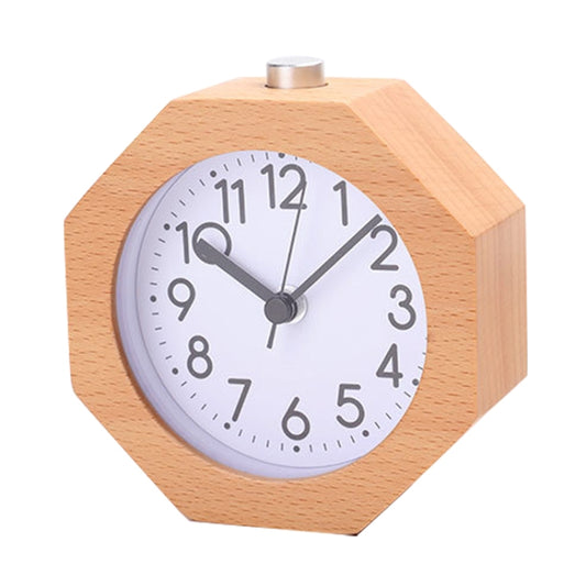 Light wood octagonal alarm clock with white dial and black pointer, metal top knob