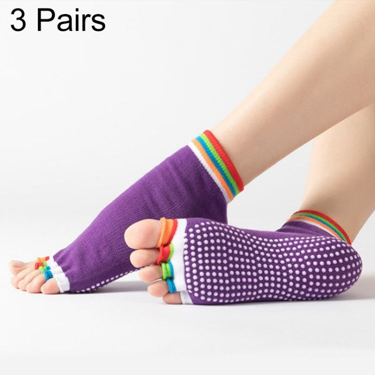 Purple open-toe five-finger yoga socks with dotted grip sole and rainbow cuffs