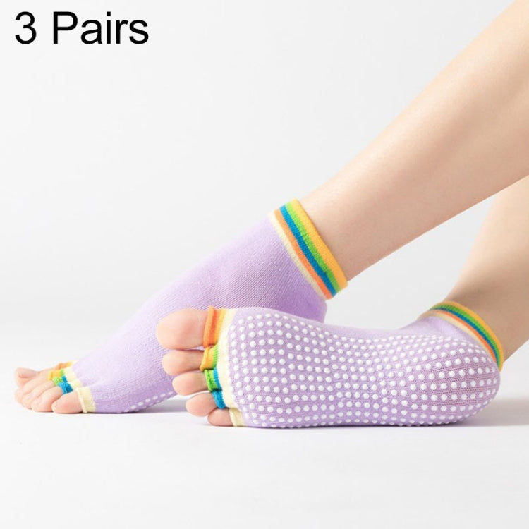 Purple open-toe five-finger yoga socks with dotted anti-slip soles and rainbow cuffs