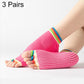 Pink open-toe five-finger yoga socks with dotted anti-slip soles and rainbow cuffs