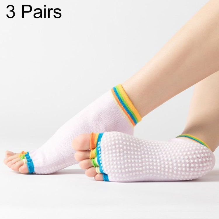 Light purple open-toe five-finger yoga socks with dotted anti-slip soles and rainbow cuffs