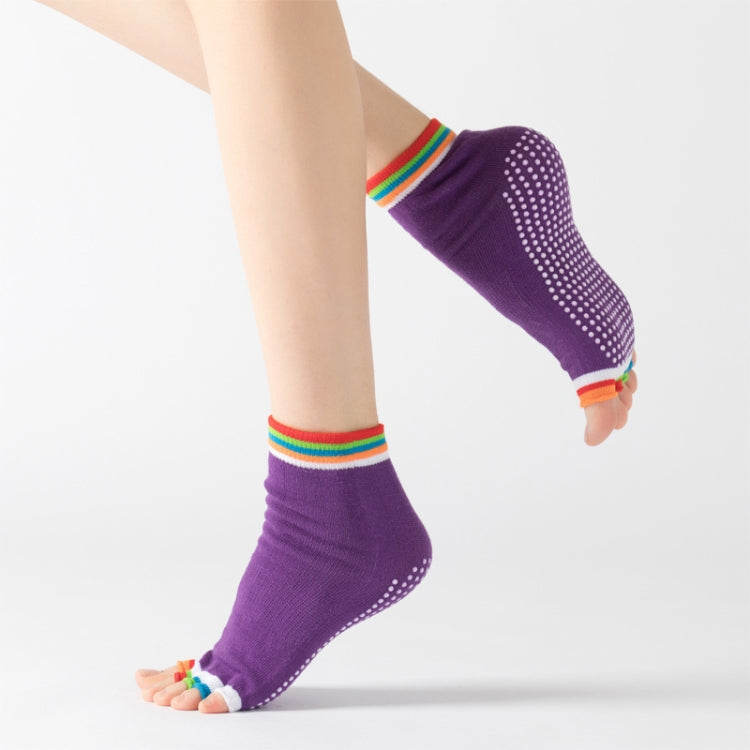 Deep purple open-toe five-finger socks with dotted sole and rainbow striped cuffs