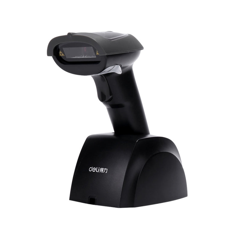 Black handheld 1D barcode scanner with cradle stand base