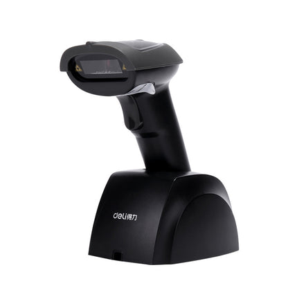 Black handheld 1D barcode scanner with cradle stand base
